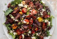 Mushroom, Bacon & Blue Cheese Burger Salad with Warm Dijon Vinaigrette