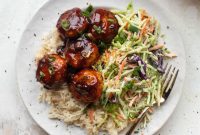 Sticky BBQ Chicken Meatballs with Tangy Broccoli Slaw