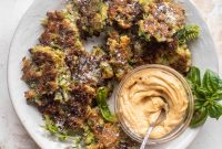 Crispy Brussels Sprout Fritters with Tomato-Basil Aioli