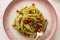 Kale Pesto Pasta with Crispy Roasted Chickpeas