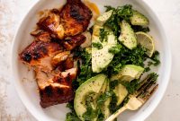 Sticky Salmon with Avocado Green Salad