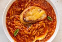 Creamy Tomato Orzo Soup with Crispy Cheddar Toasts