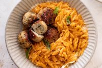 Parmesan Chicken Meatballs with Creamy Tomato Orzo Bowl