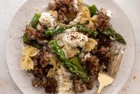 Crispy Sausage & Asparagus Farfalle with Creamy Burrata