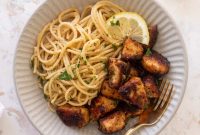 Crispy Lemon Chicken Bites with Garlic Spaghetti
