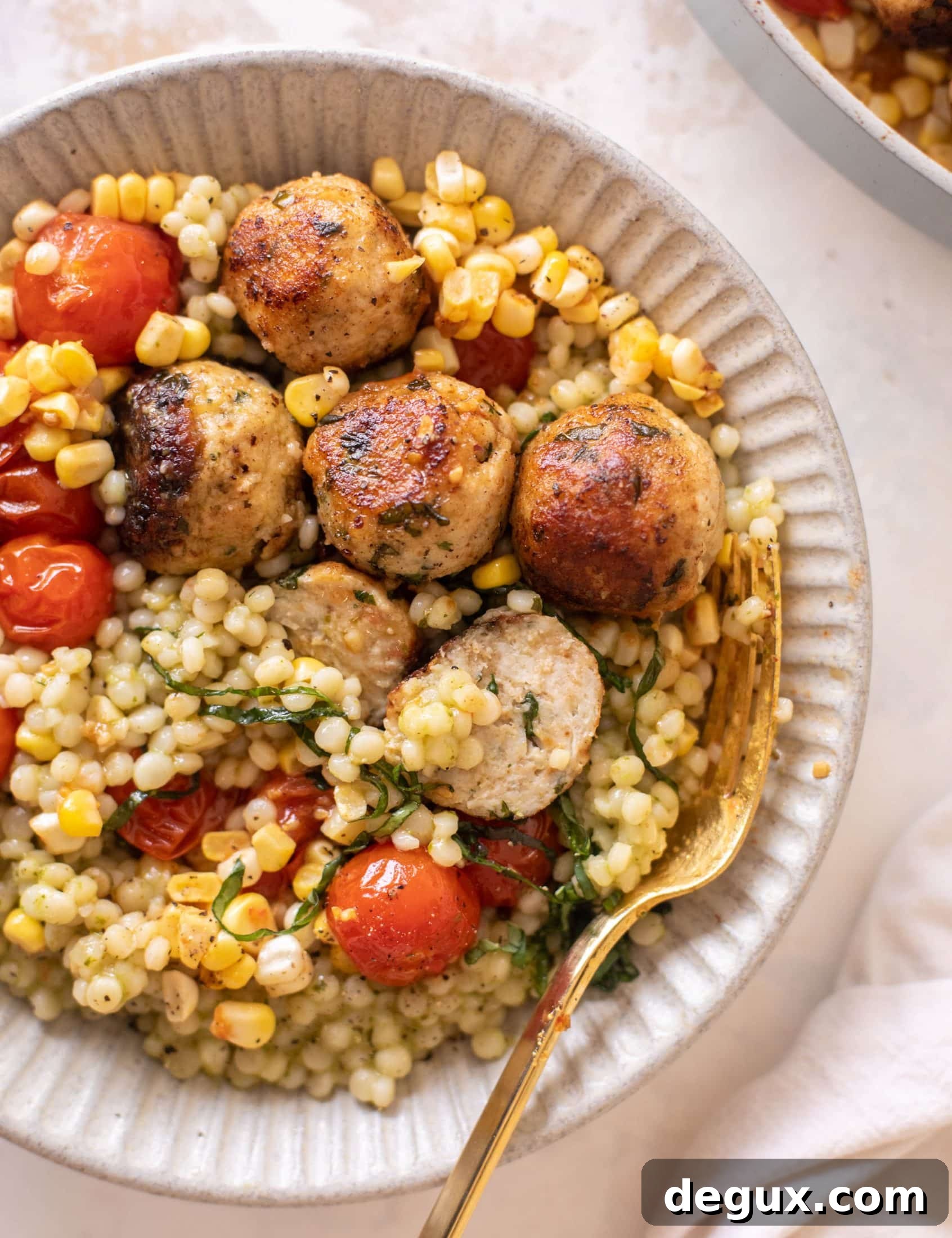 basil chicken meatballs with summer couscous