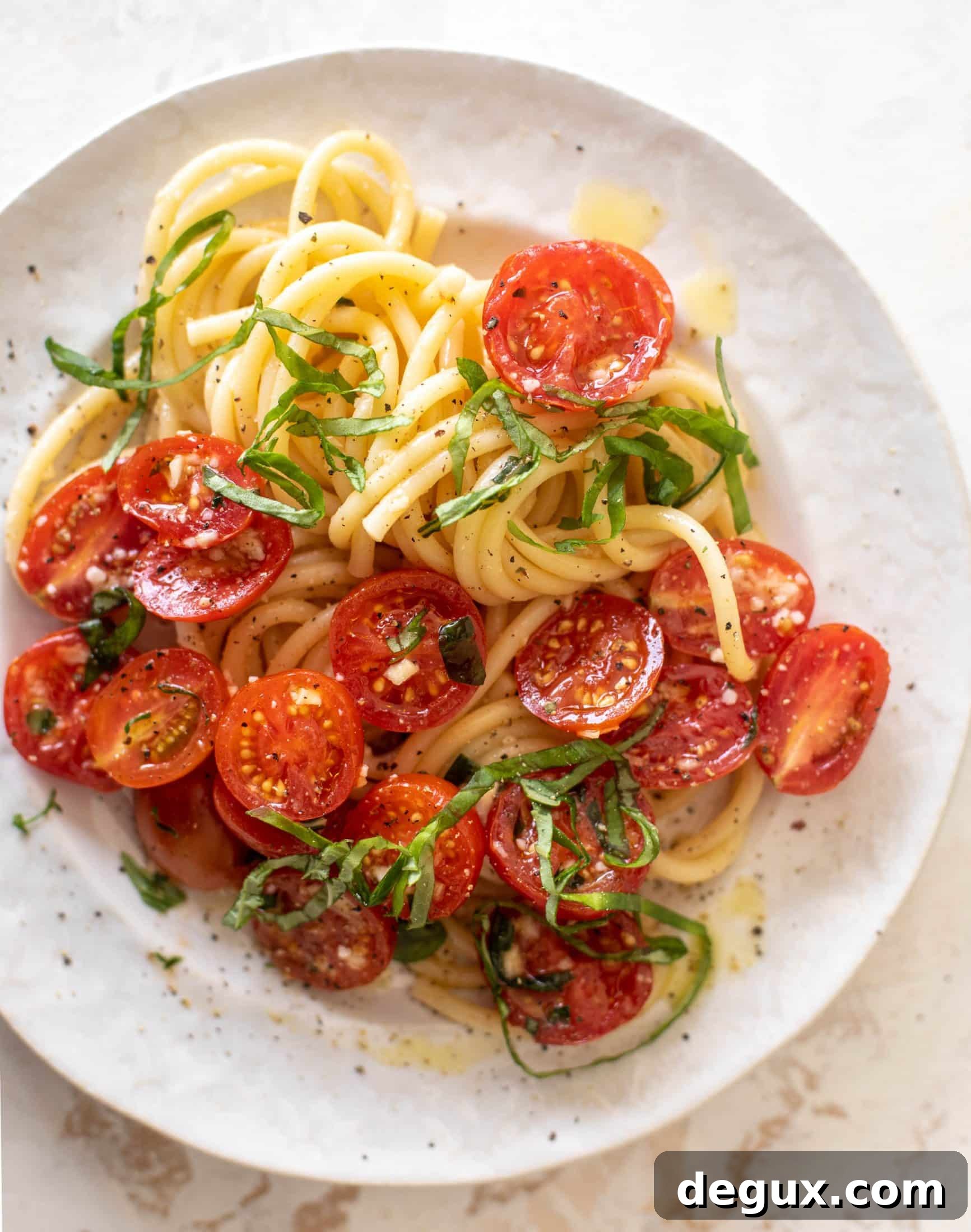 Summer Bucatini with Vine-Ripened Marinated Tomatoes 6 pasta with no cook tomato sauce
