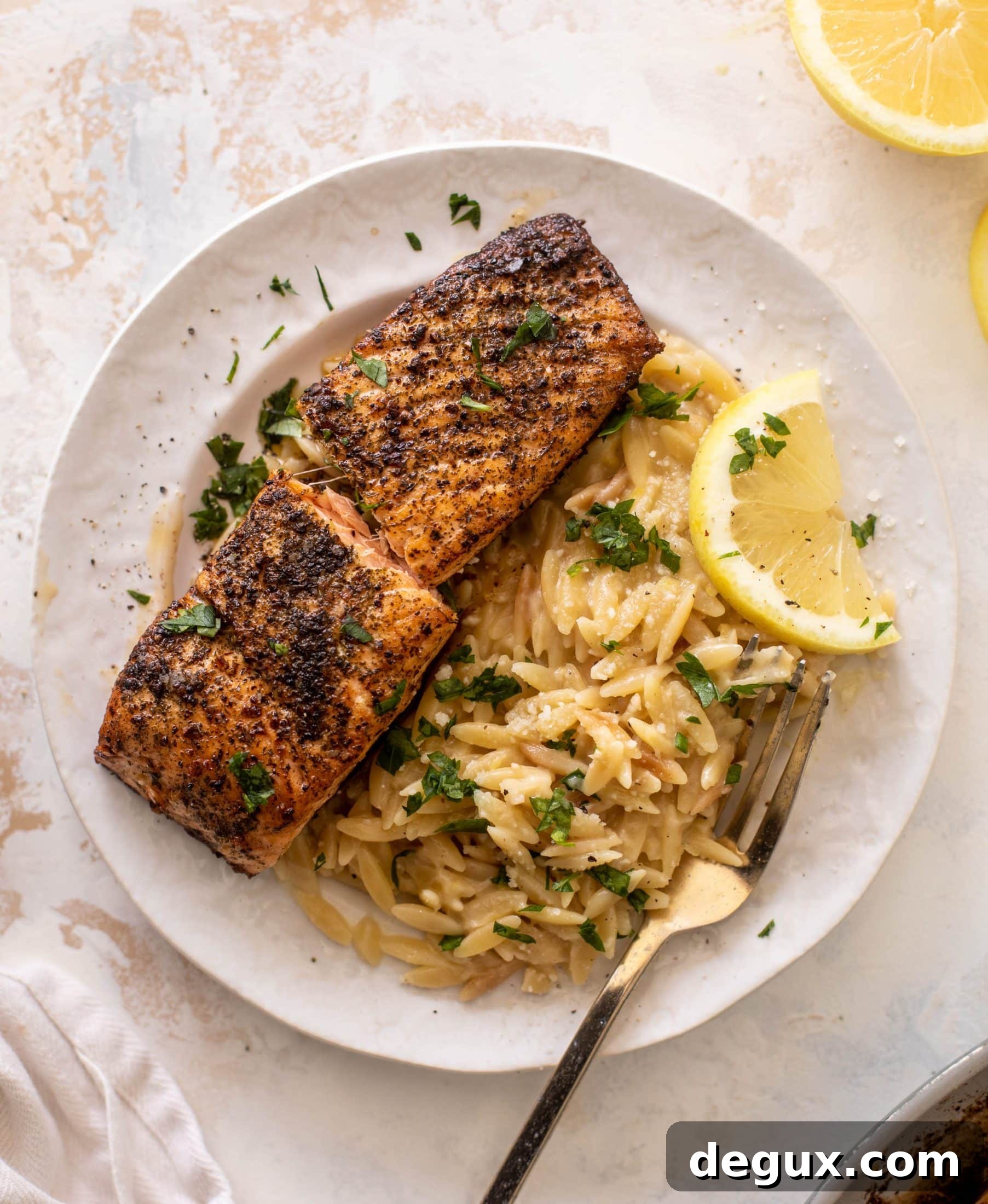 Lemon Parmesan Orzo with Garlic Salmon 11 salmon aglio olio with lemon parm orzo