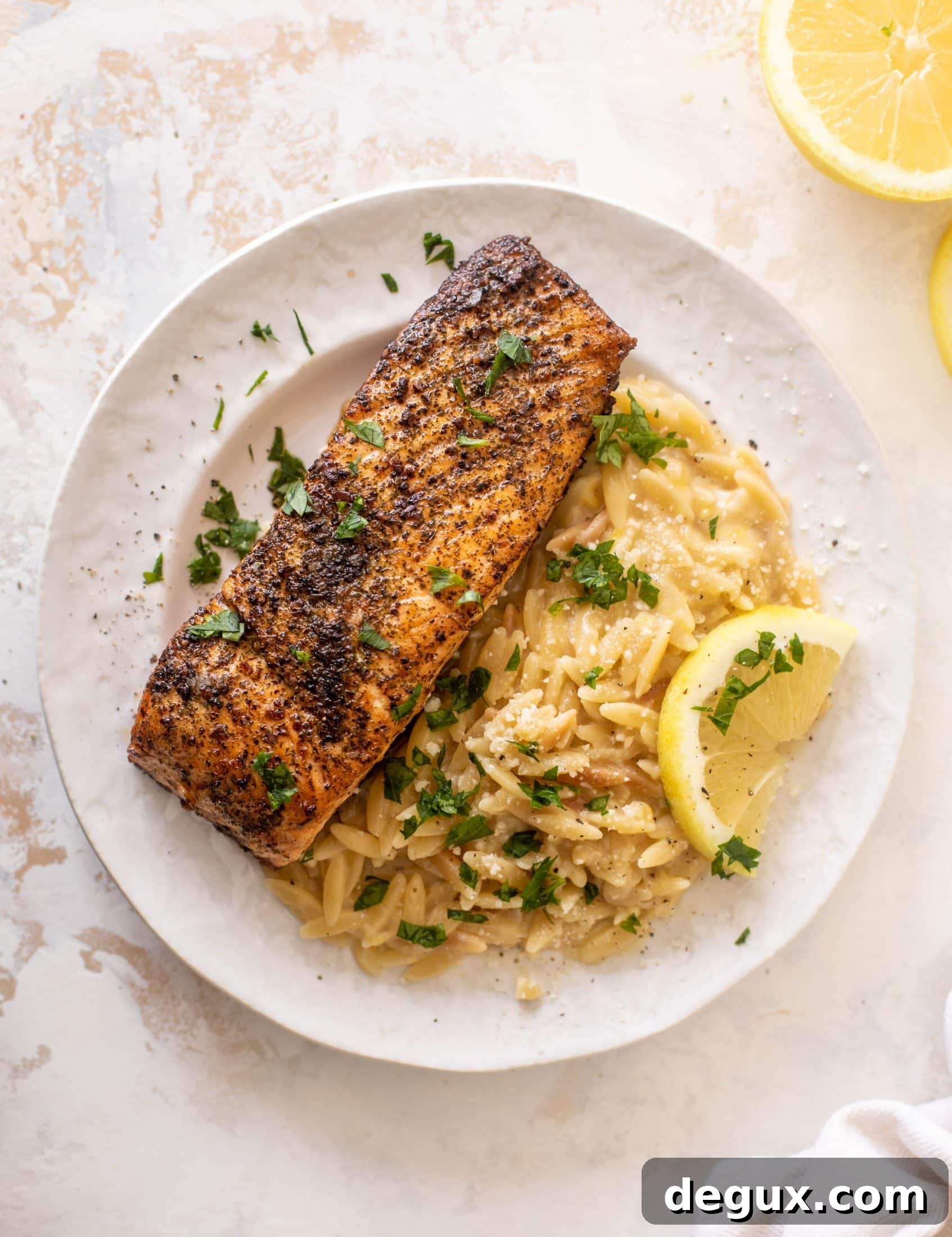 Lemon Parmesan Orzo with Garlic Salmon 6 salmon aglio olio with lemon parm orzo