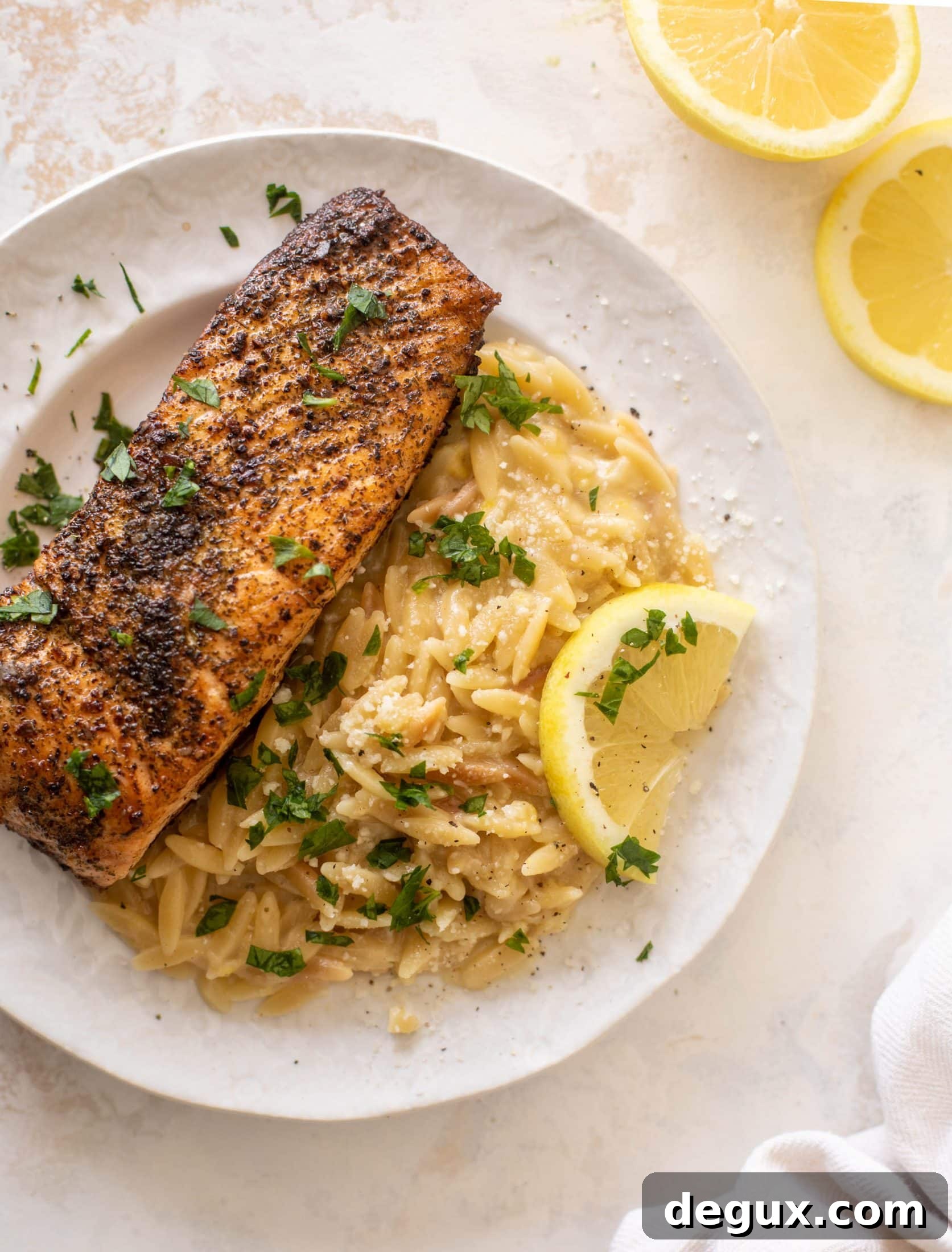 Lemon Parmesan Orzo with Garlic Salmon 7 salmon aglio olio with lemon parm orzo