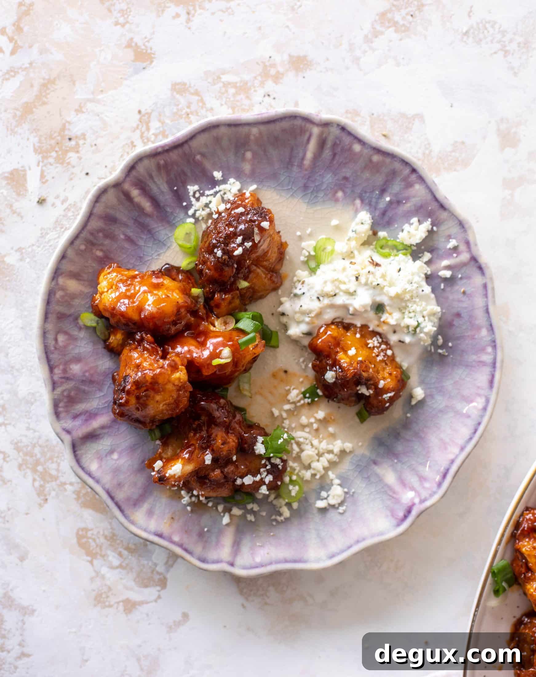 Sticky BBQ Cauliflower Bites with Greek Yogurt Blue Cheese Dip 9 sticky BBQ cauliflower bites