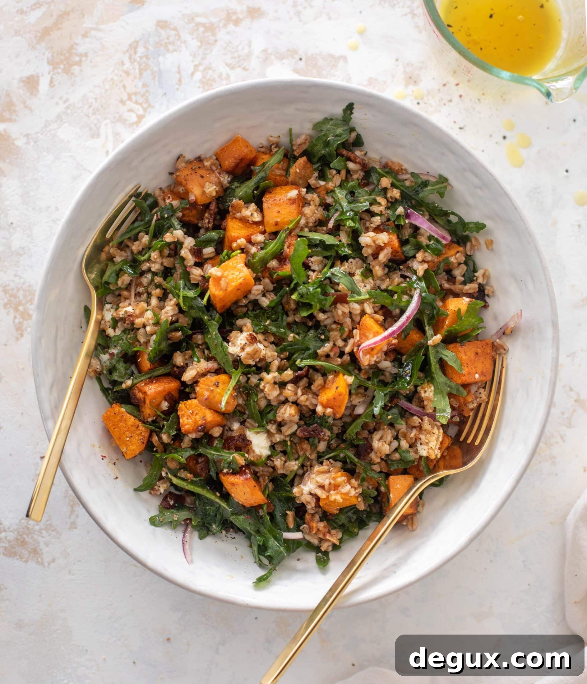 Roasted Sweet Potato, Farro & Bacon Salad with Goat Cheese 2 sweet potato farro salad