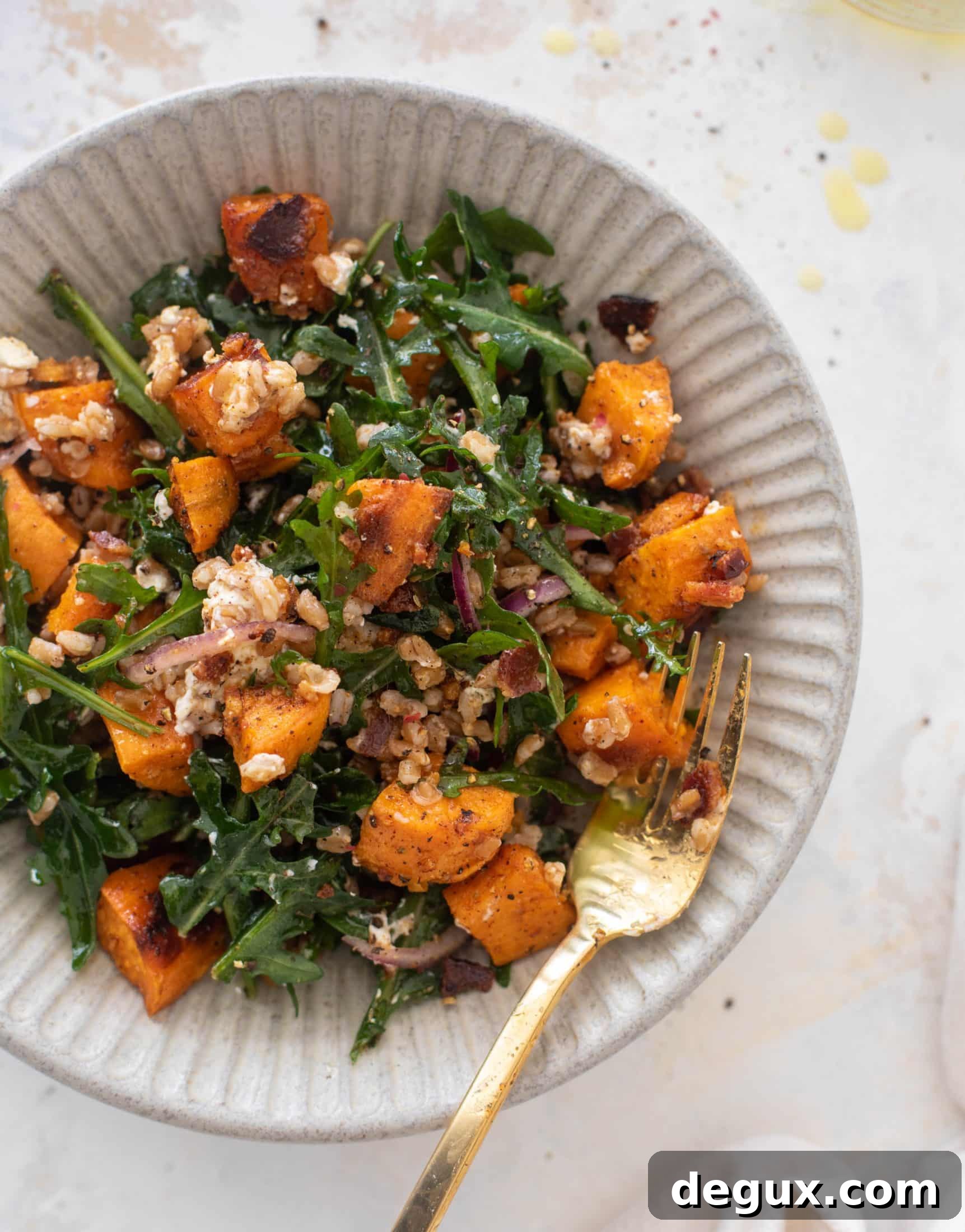 Roasted Sweet Potato, Farro & Bacon Salad with Goat Cheese 10 sweet potato farro salad