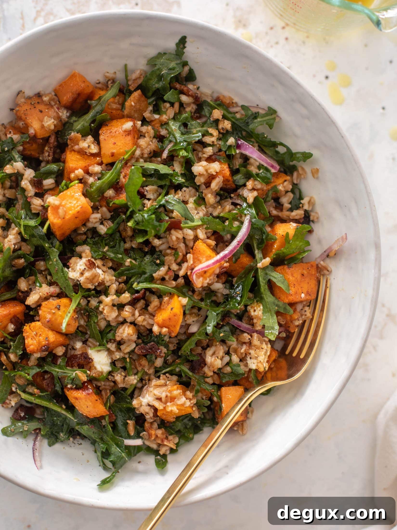 Roasted Sweet Potato, Farro & Bacon Salad with Goat Cheese 7 sweet potato farro salad