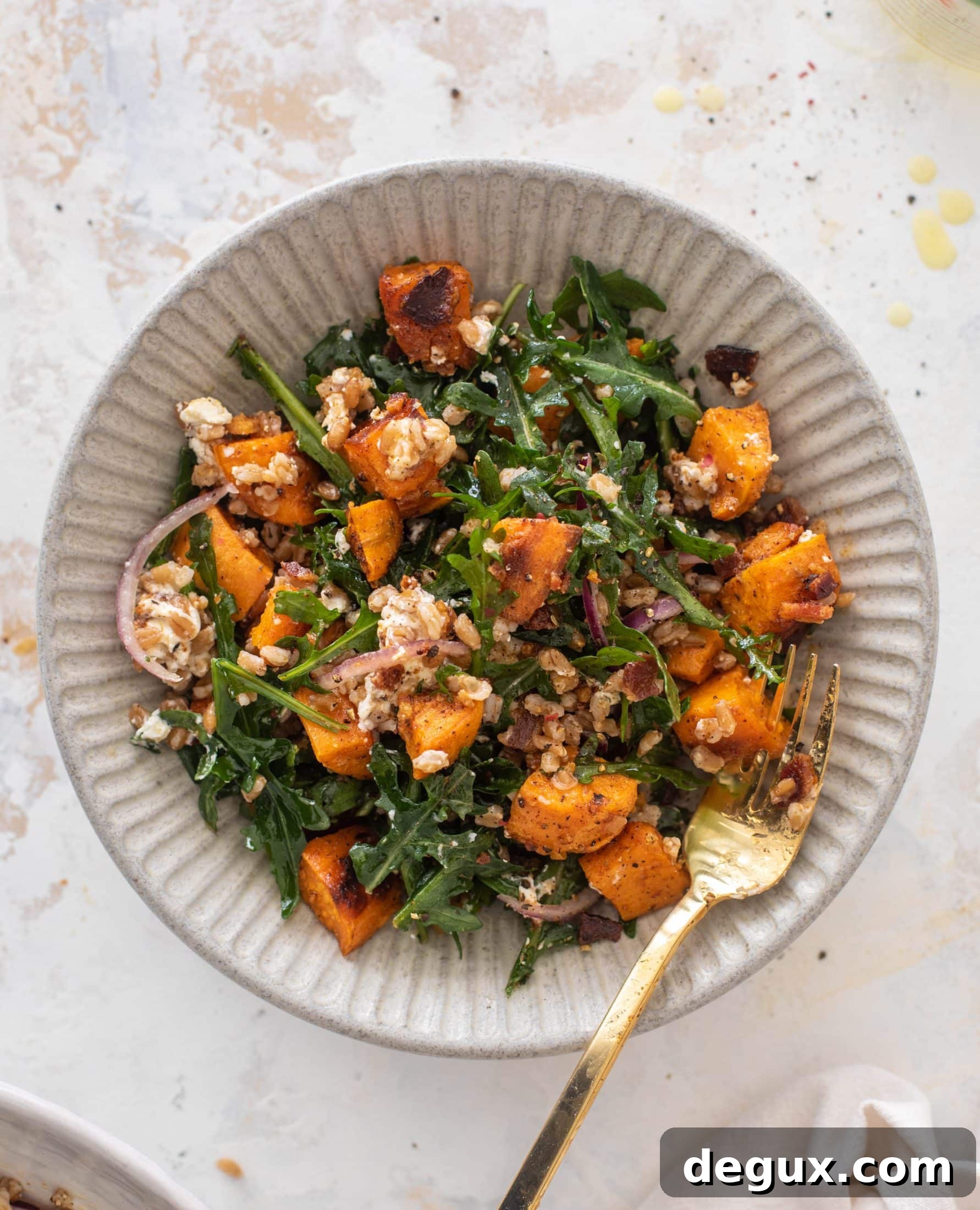 Roasted Sweet Potato, Farro & Bacon Salad with Goat Cheese 9 sweet potato farro salad
