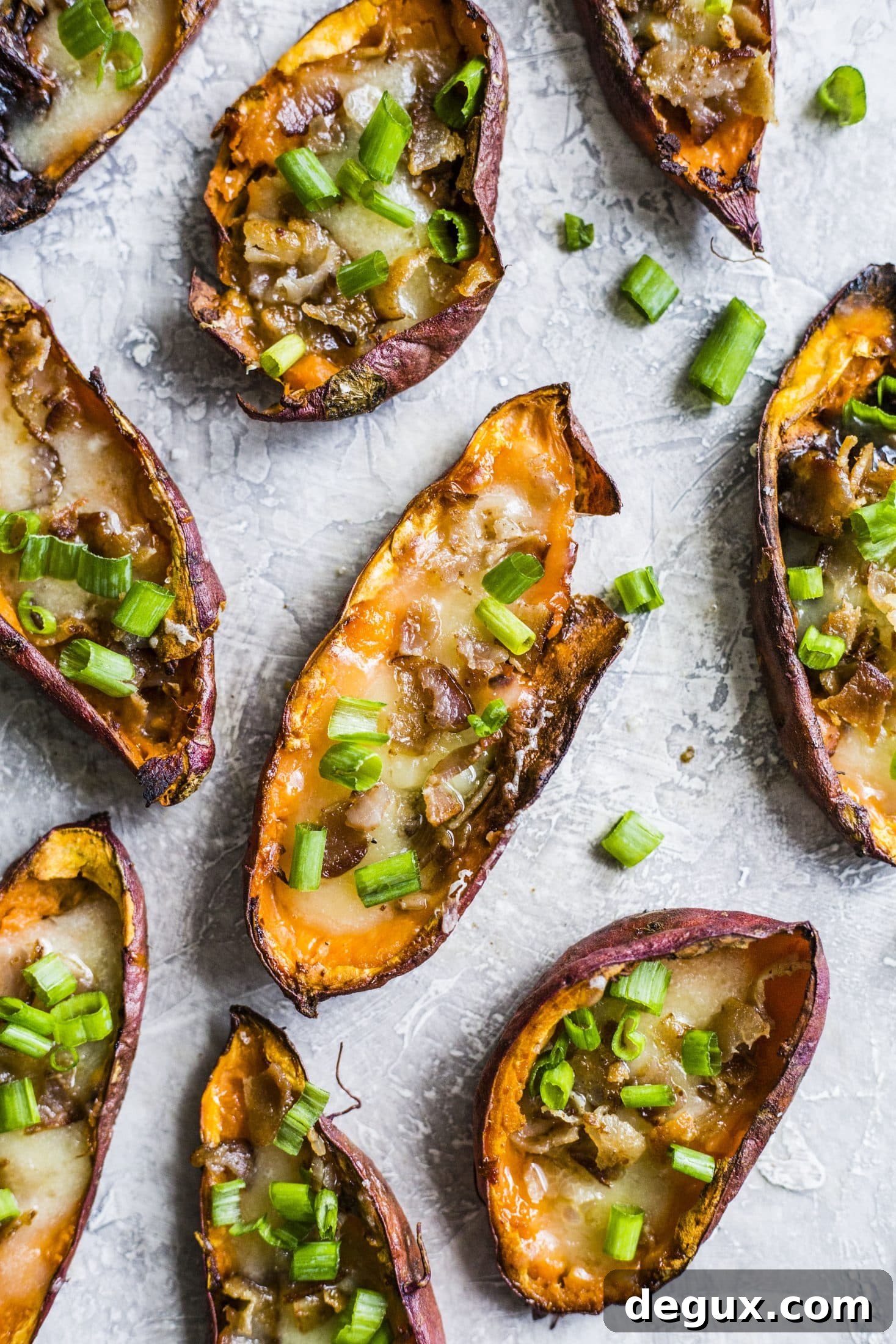 Savory Sweet Potato Skins Recipe with Cheesy Bacon Filling 3 savory loaded sweet potato skins I howsweeteats.com