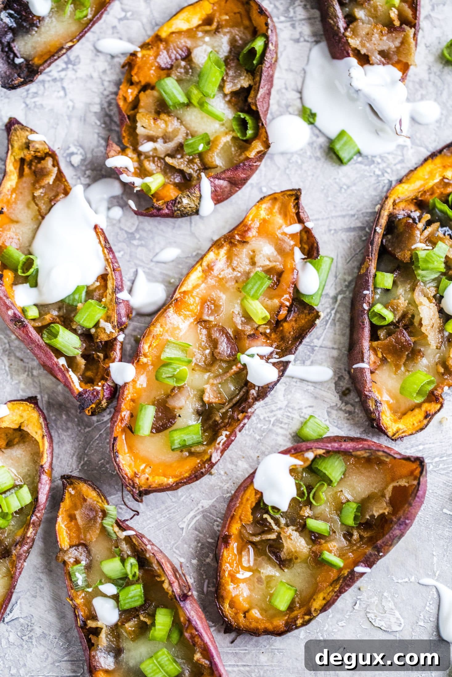 Savory Sweet Potato Skins Recipe with Cheesy Bacon Filling 5 savory loaded sweet potato skins I howsweeteats.com