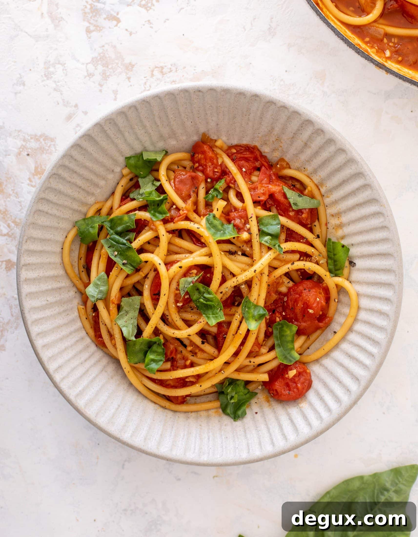 Bucatini in Winter Tomato Sauce with Roasted Garlic & Herbs 8 winter burst tomato sauce