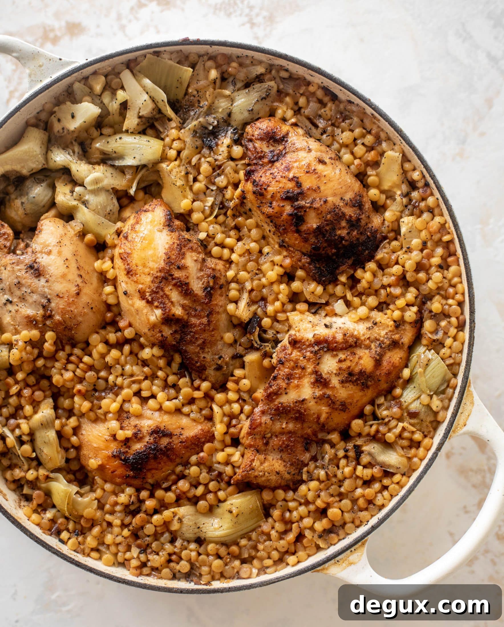One-Pan Chicken with Artichokes and Lemon Couscous 6 one pan chicken artichoke couscous
