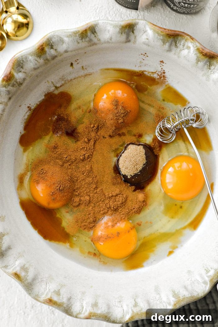 Baileys Irish Cream French Toast Recipe for Brunch or Dessert 6 eggs, vanilla, brown sugar and cinnamon in shallow dish