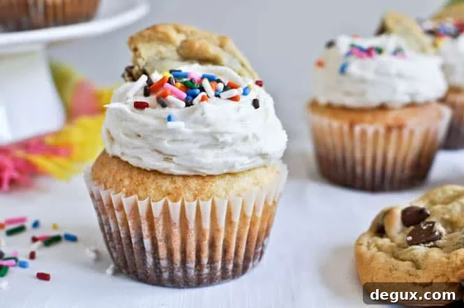 Chewy Chocolate Chip Cookie Bottomed Vanilla Cupcakes