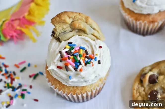 Chewy Chocolate Chip Cookie Bottomed Vanilla Cupcakes