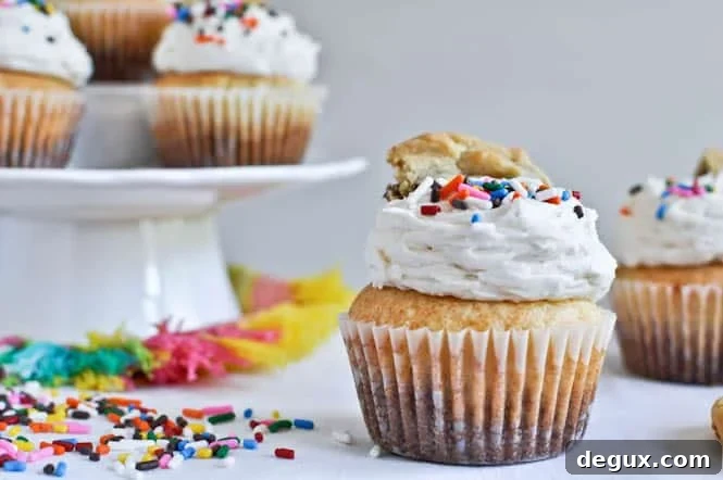 Chewy Chocolate Chip Cookie Bottomed Vanilla Cupcakes
