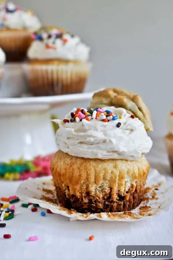 Chewy Chocolate Chip Cookie Bottomed Vanilla Cupcakes