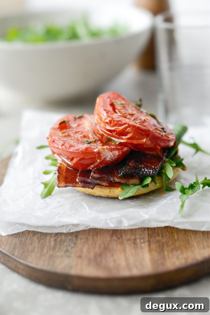 Breakfast BLT Sandwiches: Crispy Bacon, Egg & Avocado Recipes 9 top with roasted tomatoes