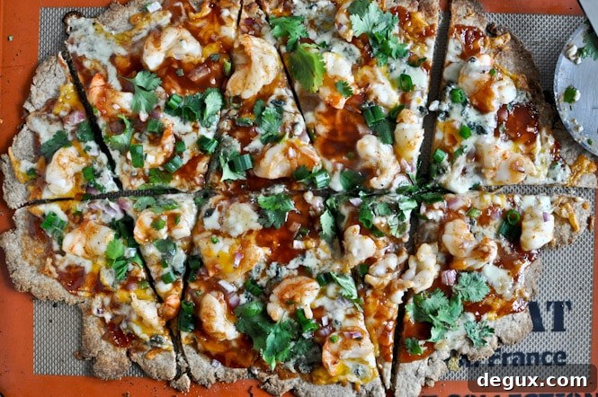 Cheesy shrimp flatbread close-up