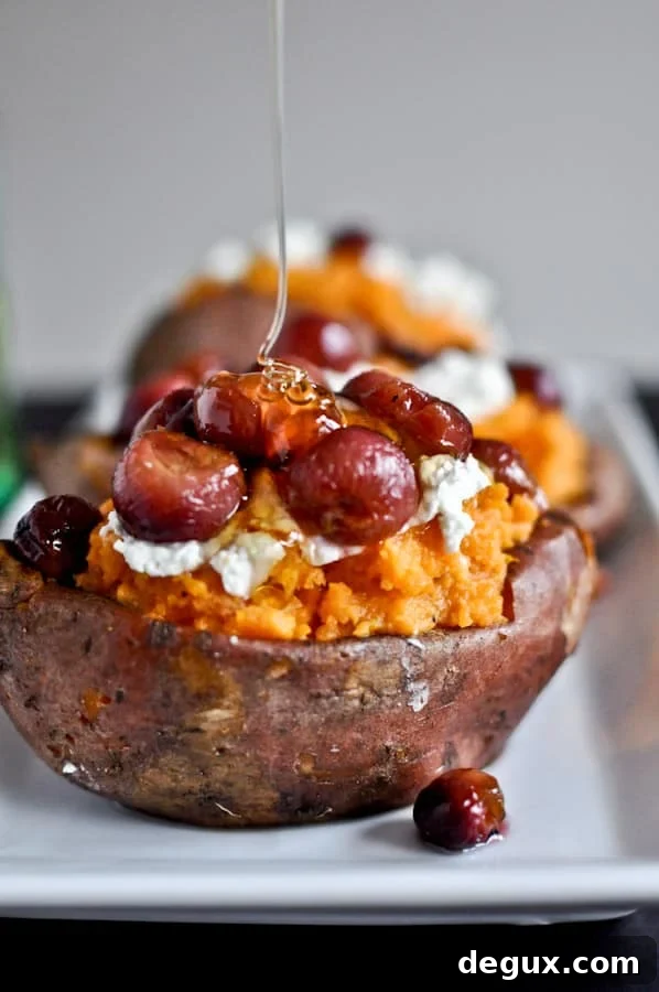 Stuffed sweet potatoes with goat cheese and grapes
