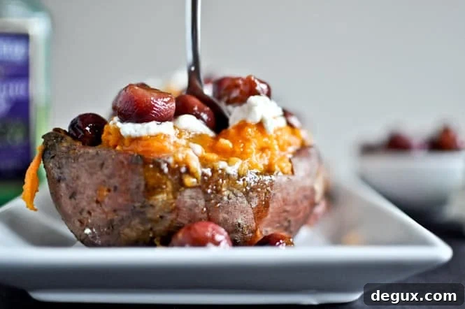 Grapes, goat cheese and honey on sweet potatoes