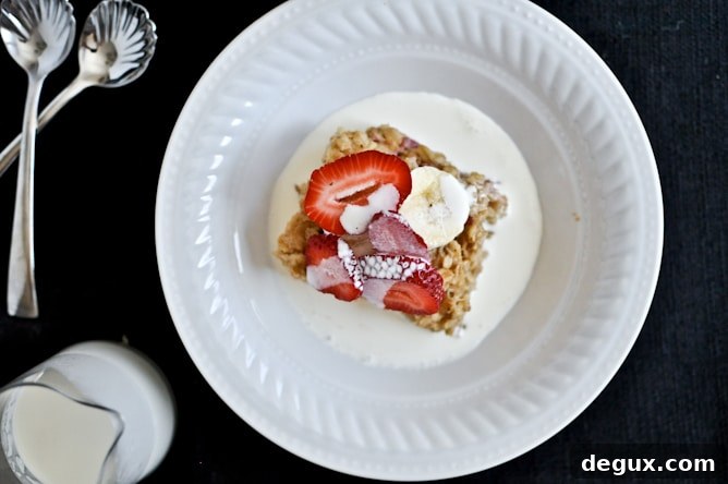 Strawberry Banana Cream Baked Oatmeal Squares