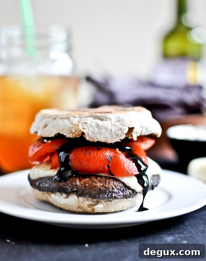 Asiago Portobello Burgers with Roasted Red Peppers + Balsamic Glaze I howsweeteats.com
