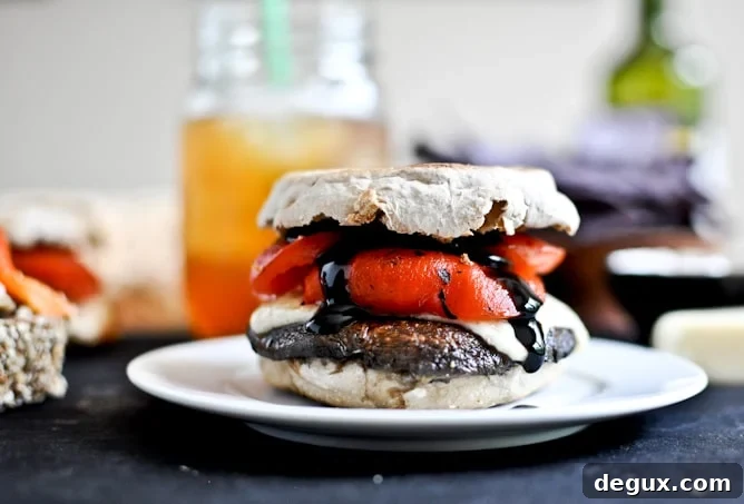 Asiago Portobello Burgers with Roasted Red Peppers + Balsamic Glaze I howsweeteats.com