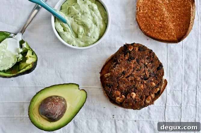 Easy Double Bean Burgers with Avocado Basil Cream