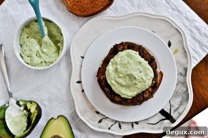 Easy Double Bean Burgers with Avocado Basil Cream
