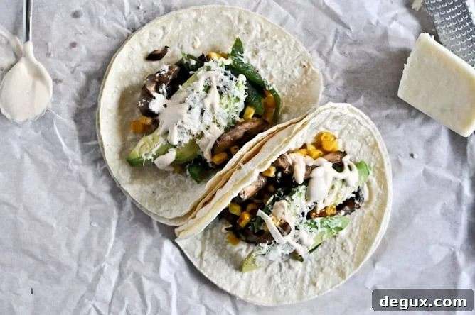 Grilled Corn, Mushroom + Roasted Poblano Tacos with Chipotle Crema