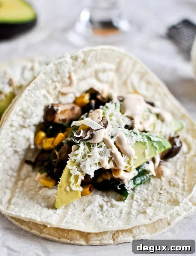 Grilled Corn, Mushroom + Roasted Poblano Tacos with Chipotle Crema
