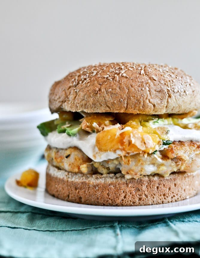 Shrimp Burgers with Chipotle Cream and Coconut Peach Salsa