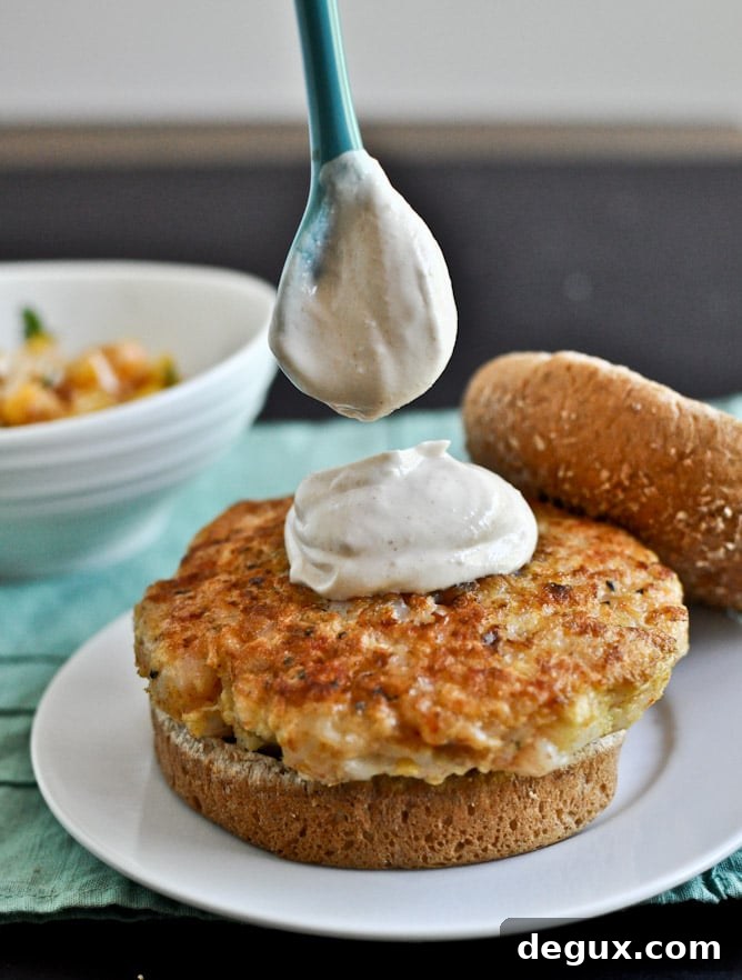 Shrimp Burgers with Chipotle Cream and Coconut Peach Salsa