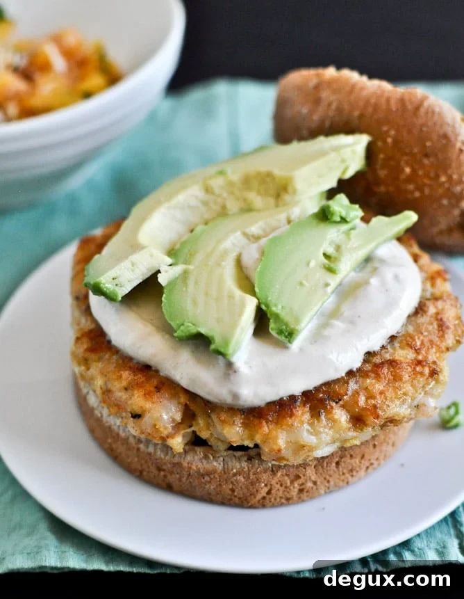 Shrimp Burgers with Chipotle Cream and Coconut Peach Salsa