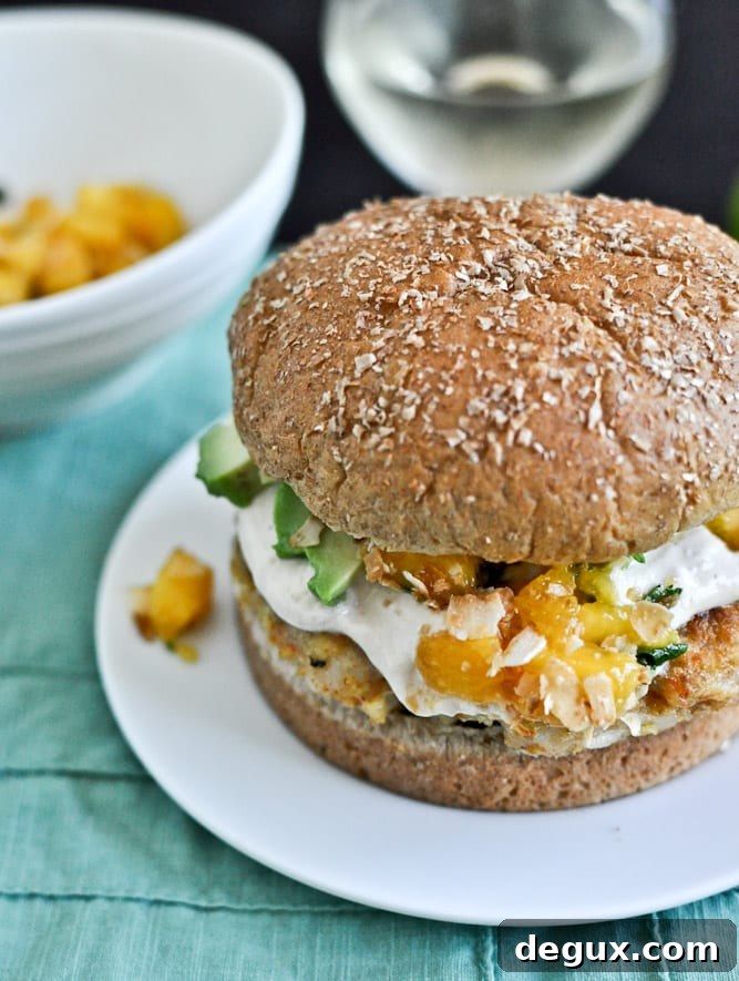 Shrimp Burgers with Chipotle Cream and Coconut Peach Salsa