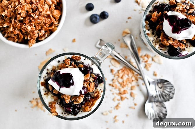 Roasted Blueberry Coconut Quinoa Parfaits with Coconut Granola
