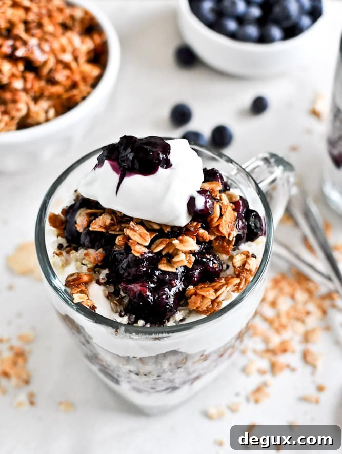 Roasted Blueberry Coconut Quinoa Parfaits with Coconut Granola