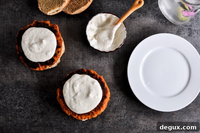 Smoky Sweet Potato Burgers with Roasted Garlic Cream and Avocado