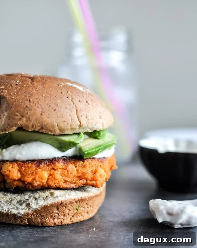 Smoky Sweet Potato Burgers with Roasted Garlic Cream and Avocado