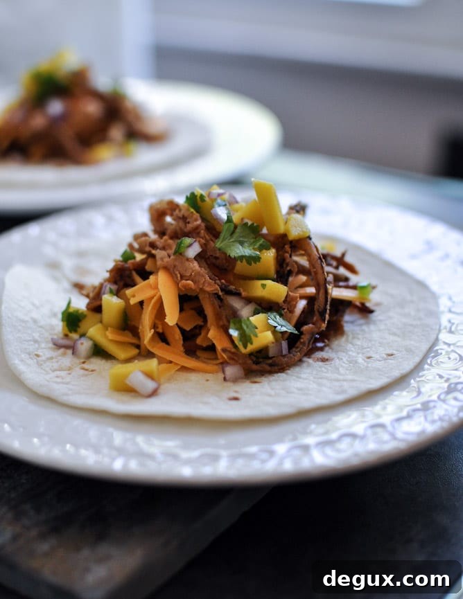 Crockpot BBQ Beer Pulled Pork Tacos with Crispy Onion Straws and Mango Salsa Crockpot BBQ Beer Pulled Pork Tacos with Crispy Onion Straws and Mango Salsa