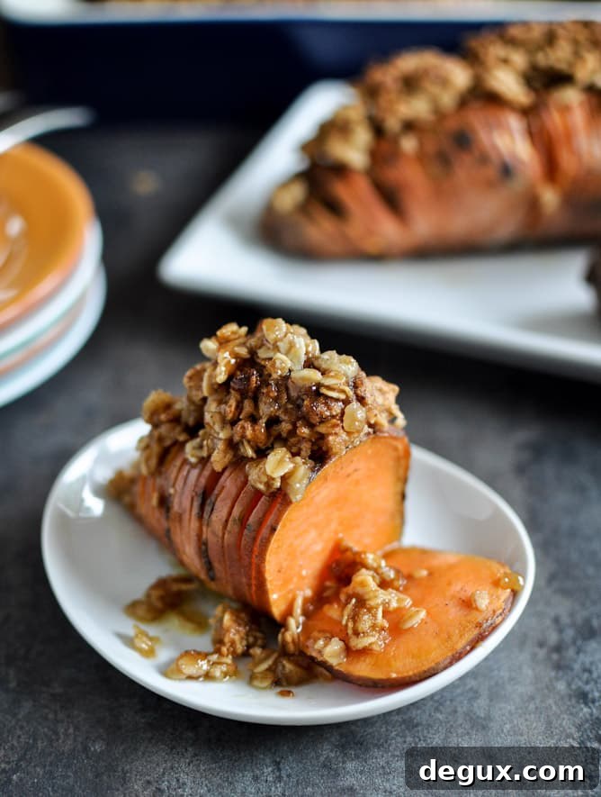 Cinnamon Sugar Hasselback Sweet Potatoes with Oatmeal Cookie Crumble Cinnamon Sugar Hasselback Sweet Potatoes with Oatmeal Cookie Crumble