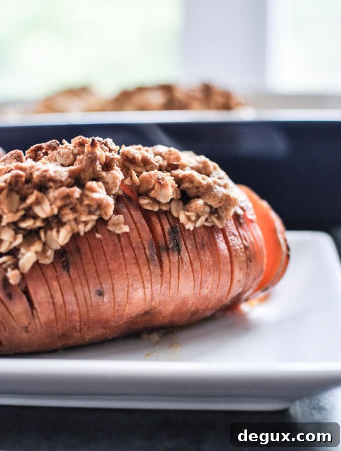 Cinnamon Sugar Hasselback Sweet Potatoes with Oatmeal Cookie Crumble Cinnamon Sugar Hasselback Sweet Potatoes with Oatmeal Cookie Crumble